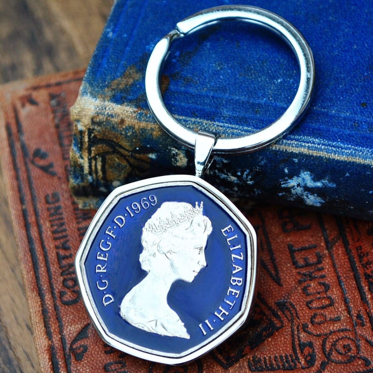 1969 Fifty Pence Coin Keyring, 56th Birthday Gift - Blue - Heads and Tails Coin Jewellery