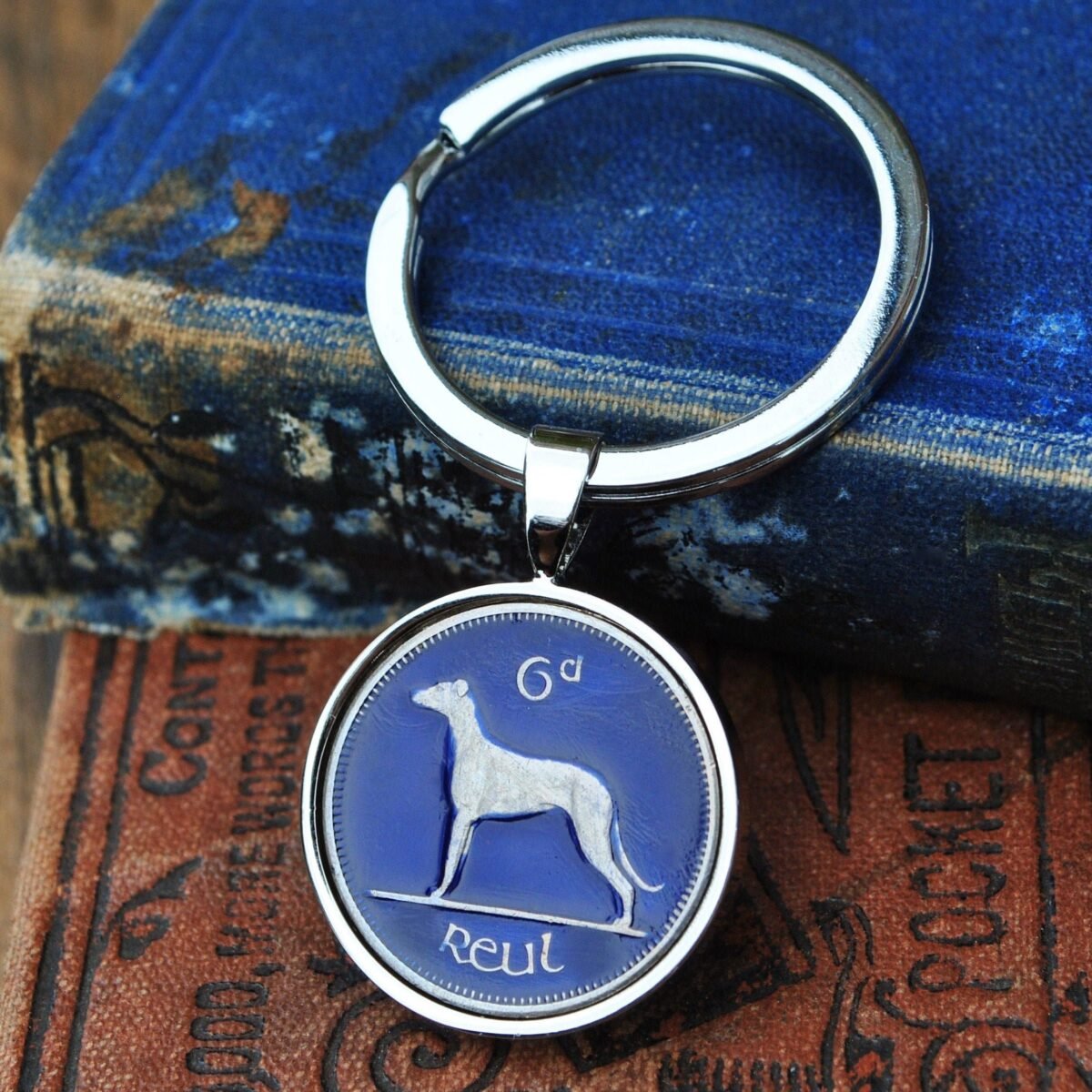 Irish Sixpence Keyring with Wolfhound- Blue Enamel
