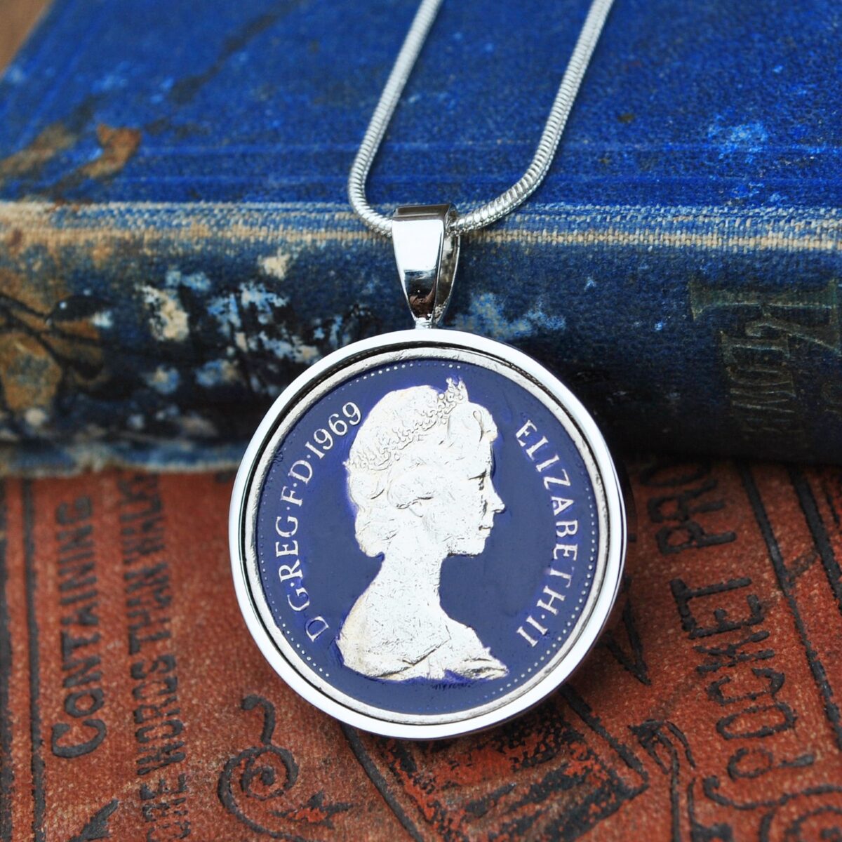 1969 Old Five Pence Coin Necklace- Blue Enamel