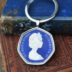 1970 Fifty Pence Coin Keyring - Blue Enamel