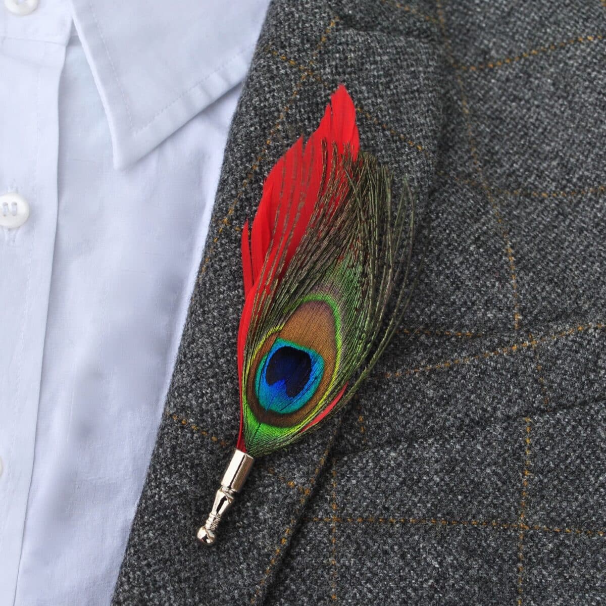 Peacock Feather Lapel Pin- Red