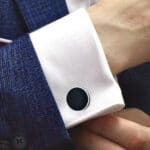 Black Leather Anniversary Cufflinks on Cuff