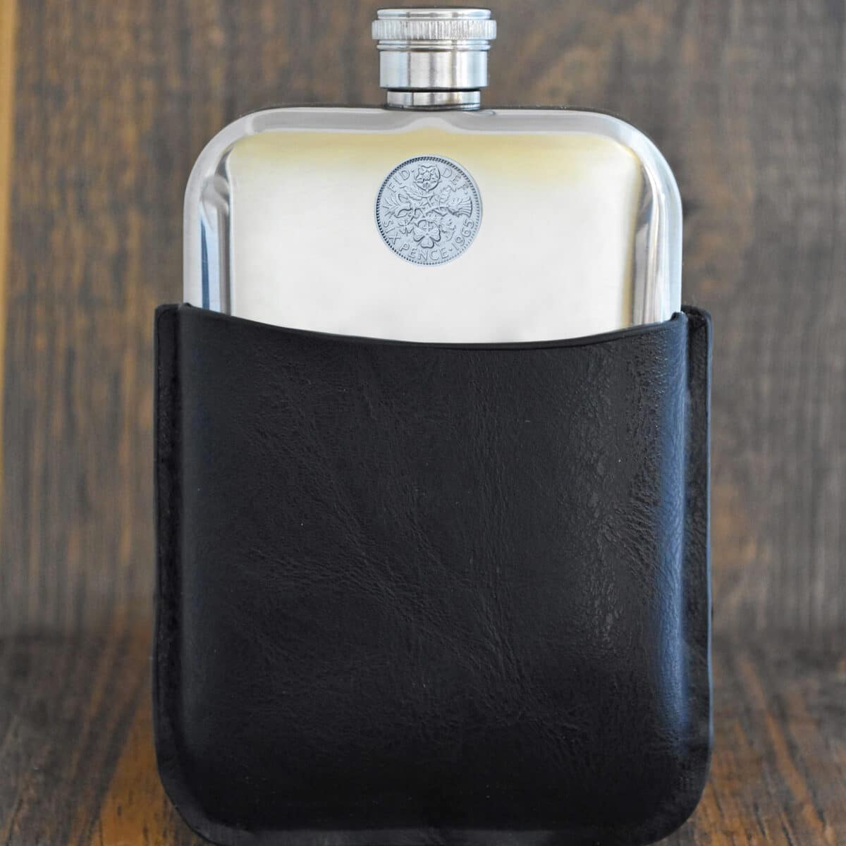 1965 Lucky Sixpence Coin Hip Flask, 60th Birthday Gift- Black Leather - Image 1
