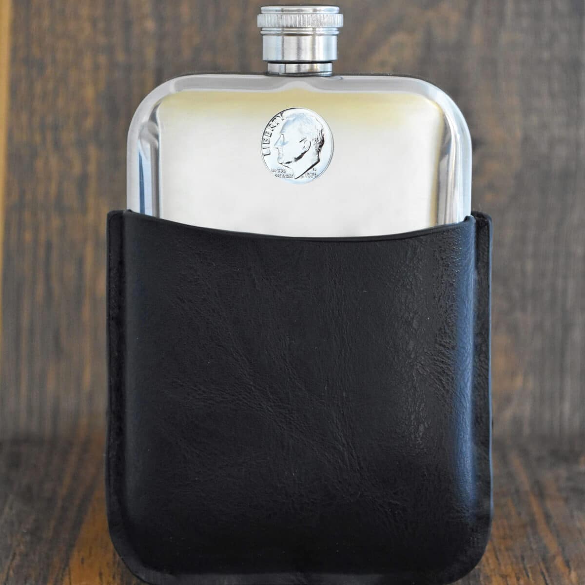 1974 U.S. Dime Coin Hip Flask, 51st Birthday Gift- Black Leather - Heads and Tails Coin Jewellery