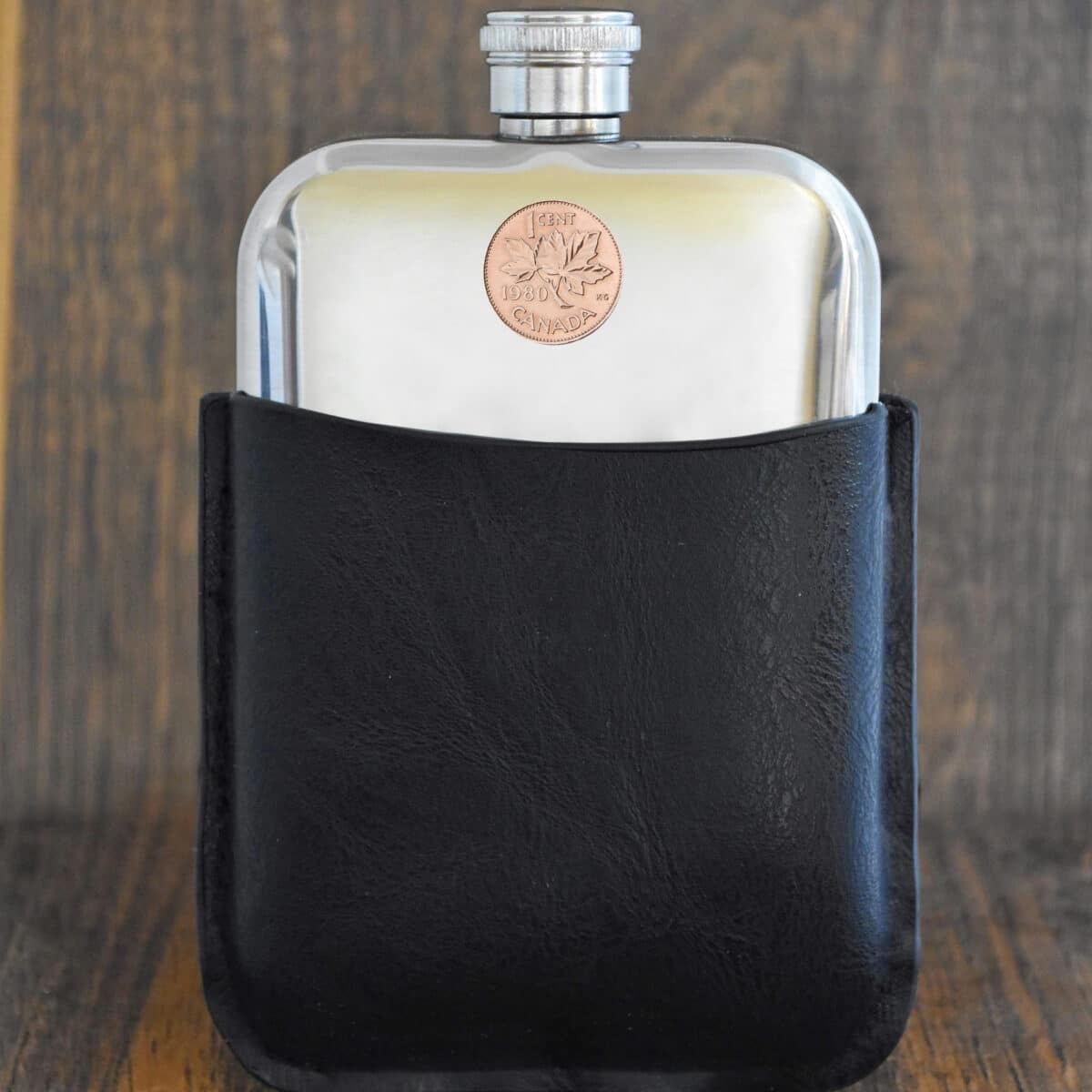 1980 Canadian Penny Coin Hip Flask, 45th Birthday Gift- Black Leather - Heads and Tails Coin Jewellery