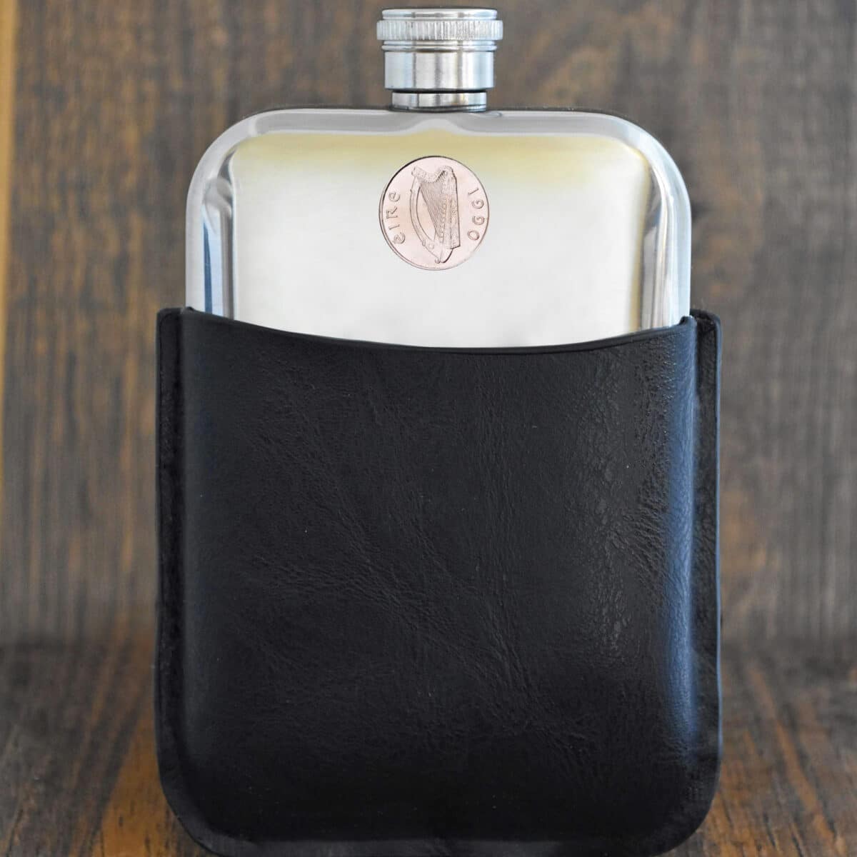 1990 Irish One Penny Hip Flask, 35th Birthday Gift- Black Leather - Heads and Tails Coin Jewellery