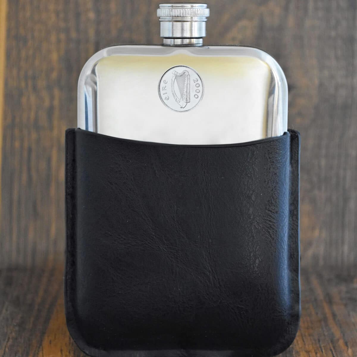 2000 Irish Ten Pence Coin Hip Flask, 25th Birthday Gift- Black Leather - Heads and Tails Coin Jewellery