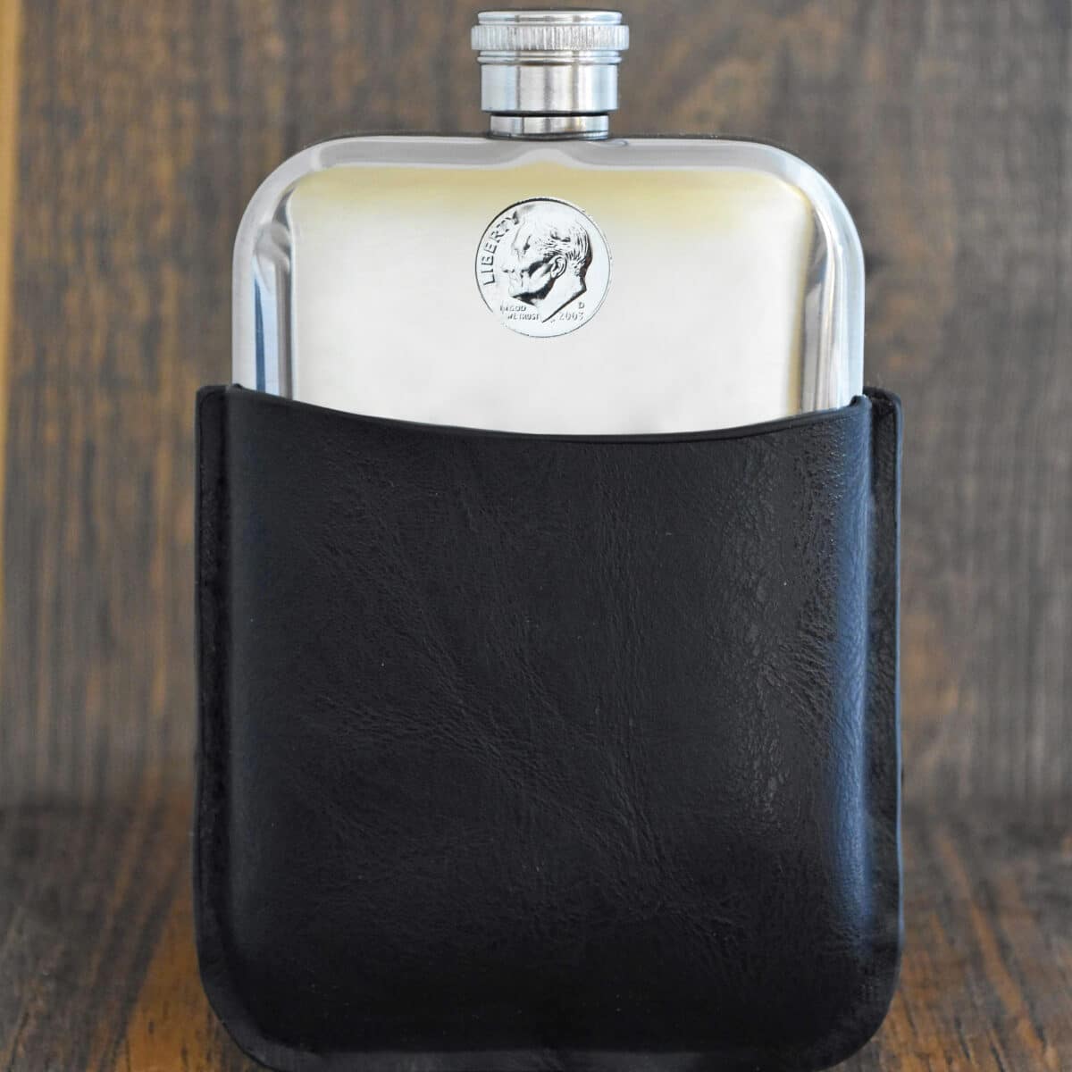 2003 U.S. Dime Coin Hip Flask, 22nd Birthday Gift- Black Leather - Heads and Tails Coin Jewellery