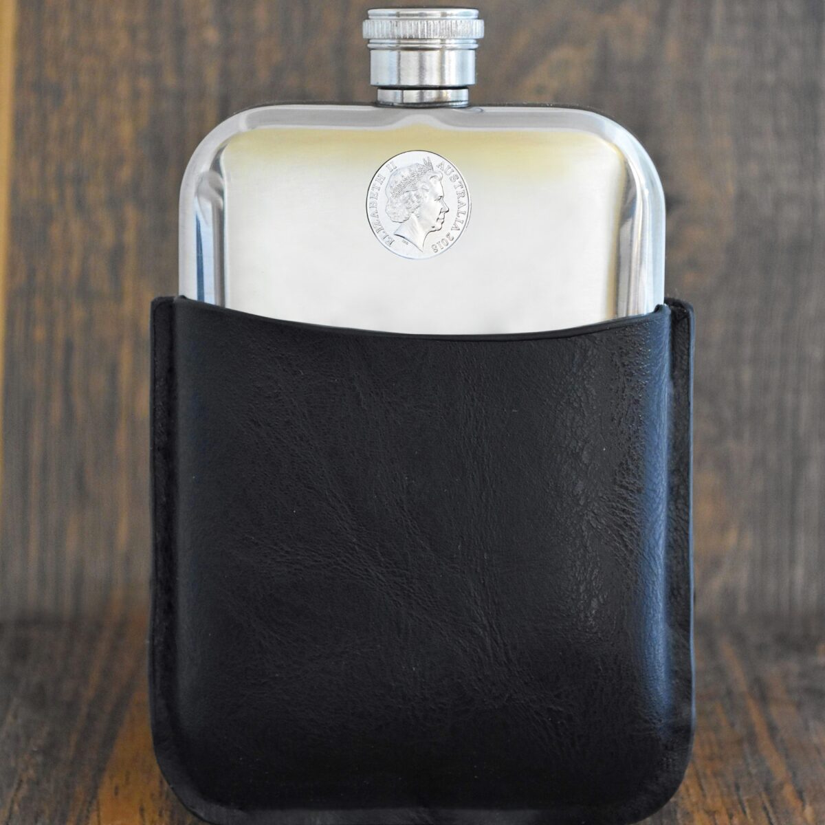 2018 Australian Five Cents Hip Flask, 7th Birthday Gift- Black Leather - Heads and Tails Coin Jewellery