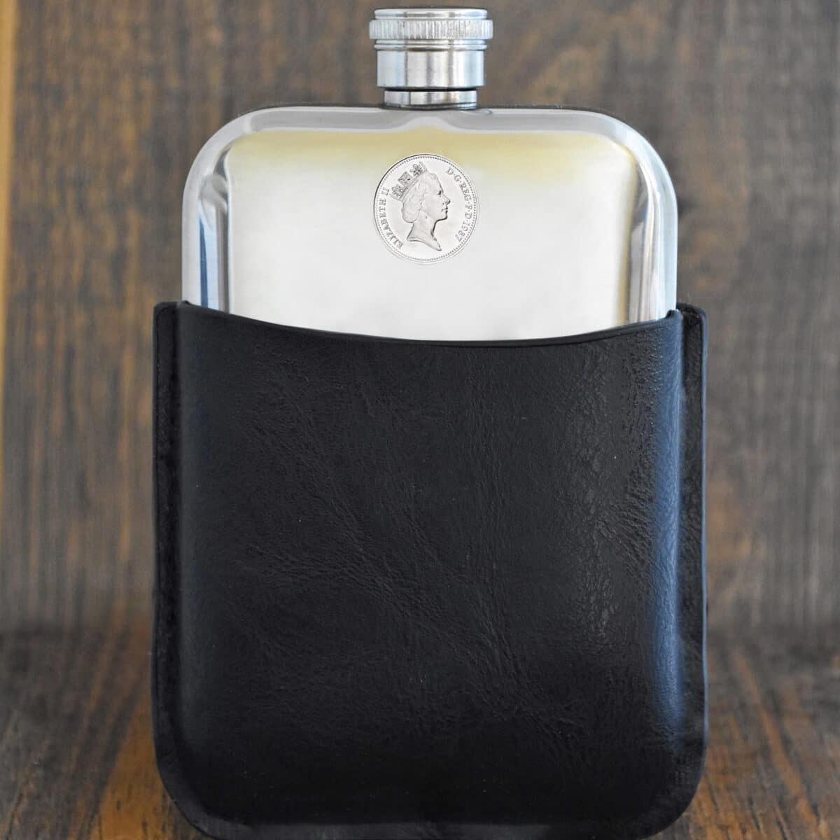 1987 Old Five Pence Hip Flask, 38th Birthday Gift- Black Leather - Heads and Tails Coin Jewellery