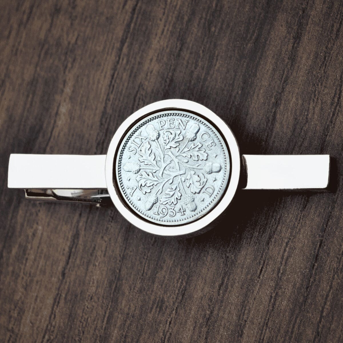 1934 Lucky Sixpence Coin Tie Clip, 91st Birthday- Silver - Image 1