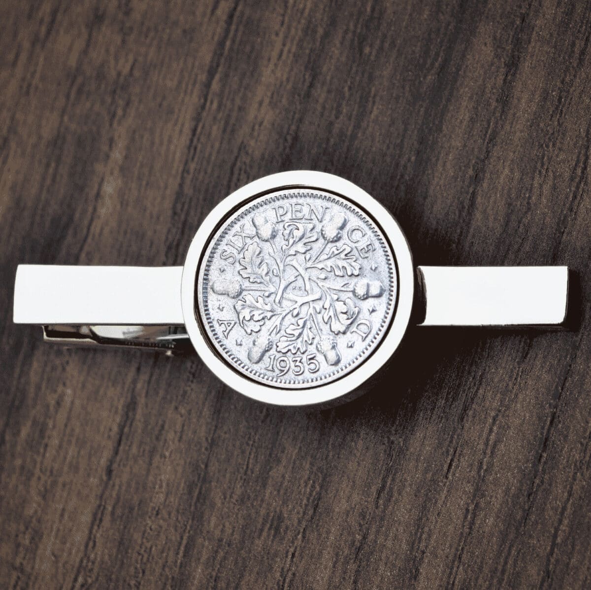 1935 Lucky Sixpence Coin Tie Clip, 90th Birthday- Silver - Image 1