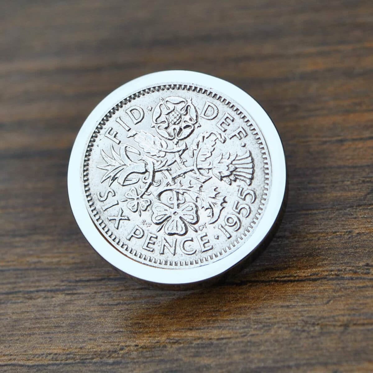 1955 Lucky Sixpence Coin Brooch/Tie Pin, 70th Birthday- Silver - Image 1