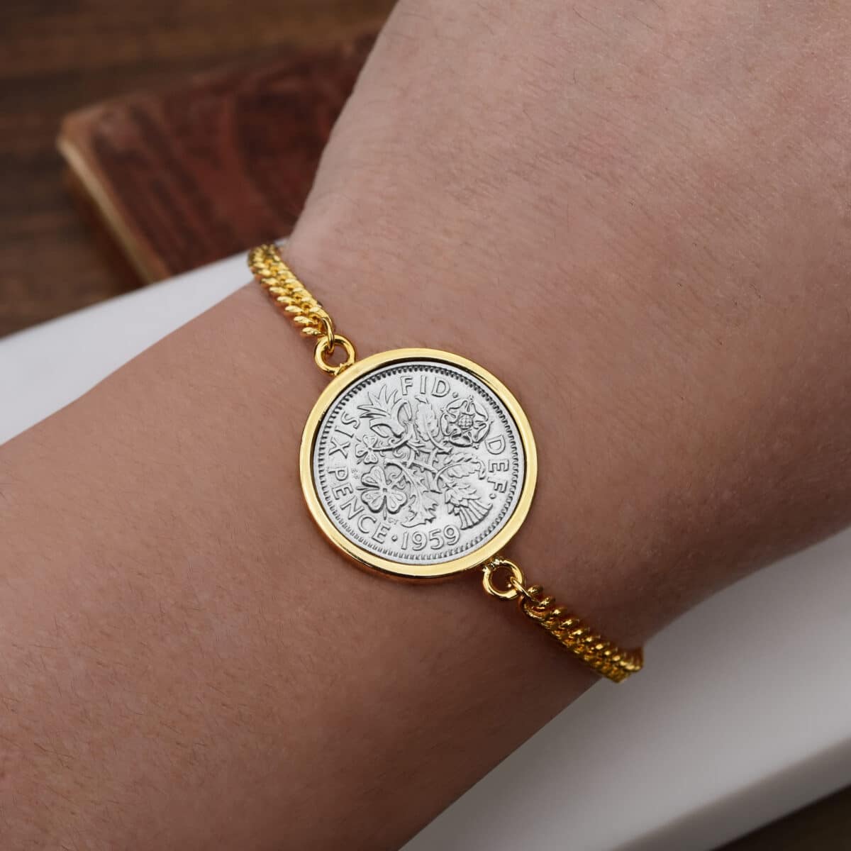 1959 Lucky Sixpence Coin Bracelet, 66th Birthday Gift- Gold - Heads and Tails Coin Jewellery
