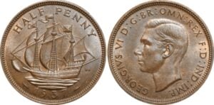 1937 George VI halfpenny, Golden Hind ship reverse and king's portrait, in warm brown bronze
