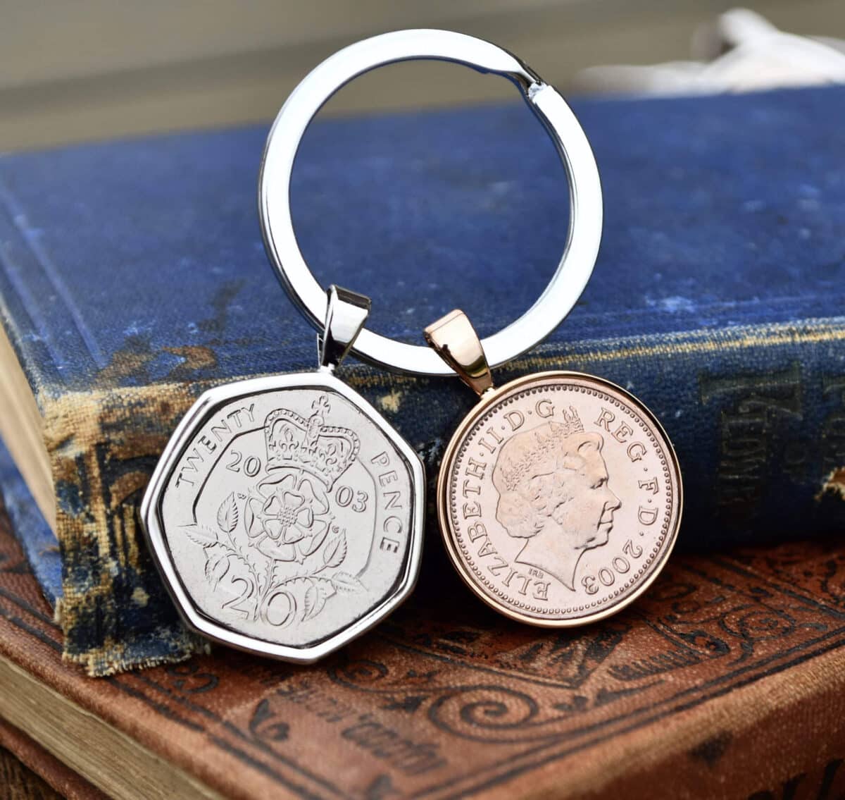 2003 20p and 1p Coin Keyring, 22nd Birthday Gift - Heads and Tails Coin Jewellery