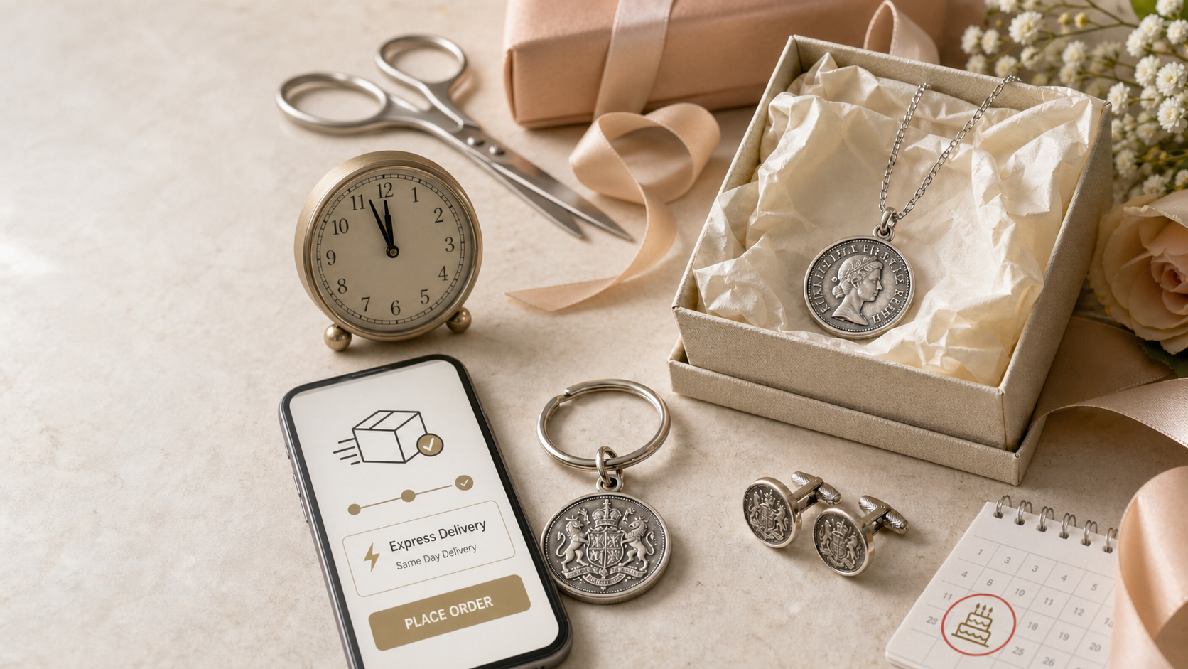 Silver coin necklace in a gift box, coin keyring and cufflinks beside a small clock and a phone showing express delivery