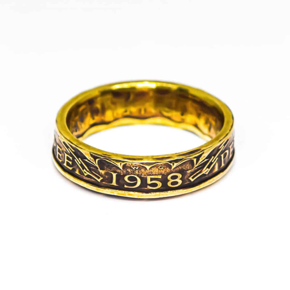 1958 Threepence Coin Ring, 67th Birthday Gift - Brass - Heads and Tails Coin Jewellery