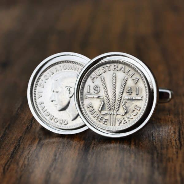 Pair of 1941 Australian threepence cufflinks in silver bezels, King George VI and wheat-ears sides shown