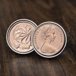 1972 Australian two cent cufflinks, copper coins in silver-tone bezels, Queen and frilled-neck lizard