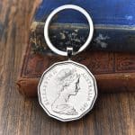Twelve-sided Australian coin dated 1972 in a silver-tone bezel on a split-ring keyring, Elizabeth II obverse