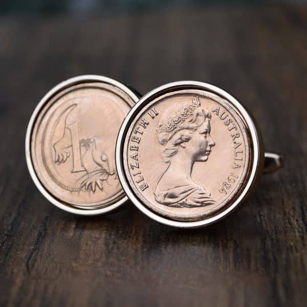 1984 Australian one cent cufflinks, bronze coins in silver-tone bezels showing the Queen and glider faces