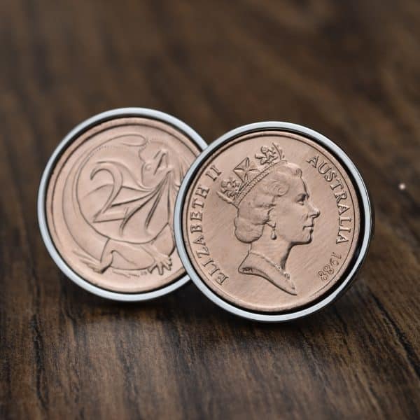 1988 Australian two cent cufflinks, copper coins in silver-tone bezels, crowned Queen and frilled-neck lizard