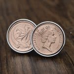 1989 Australian two cent cufflinks, copper coins in silver-tone bezels, crowned Queen and frilled-neck lizard