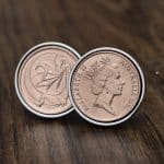 1992 Australian two cent cufflinks, copper coins in silver-tone bezels, crowned Queen and frilled-neck lizard