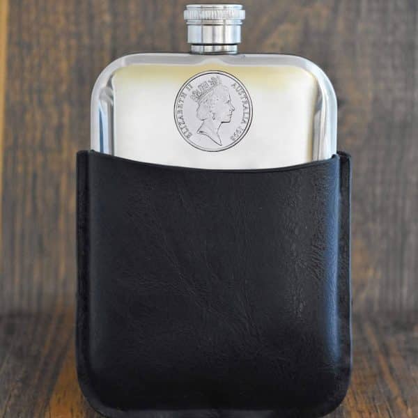 1998 Australian coin with Queen Elizabeth II portrait set into a polished pewter hip flask in a black leather sleeve