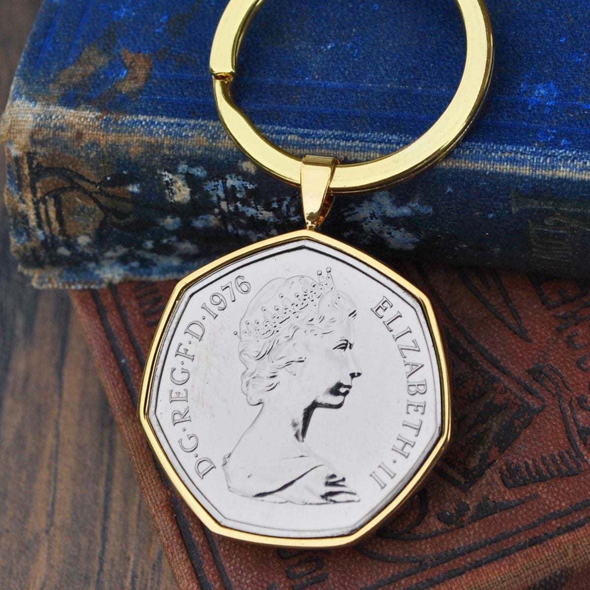 1976 Fifty Pence Coin Keyring, 50th Birthday Gift- Gold