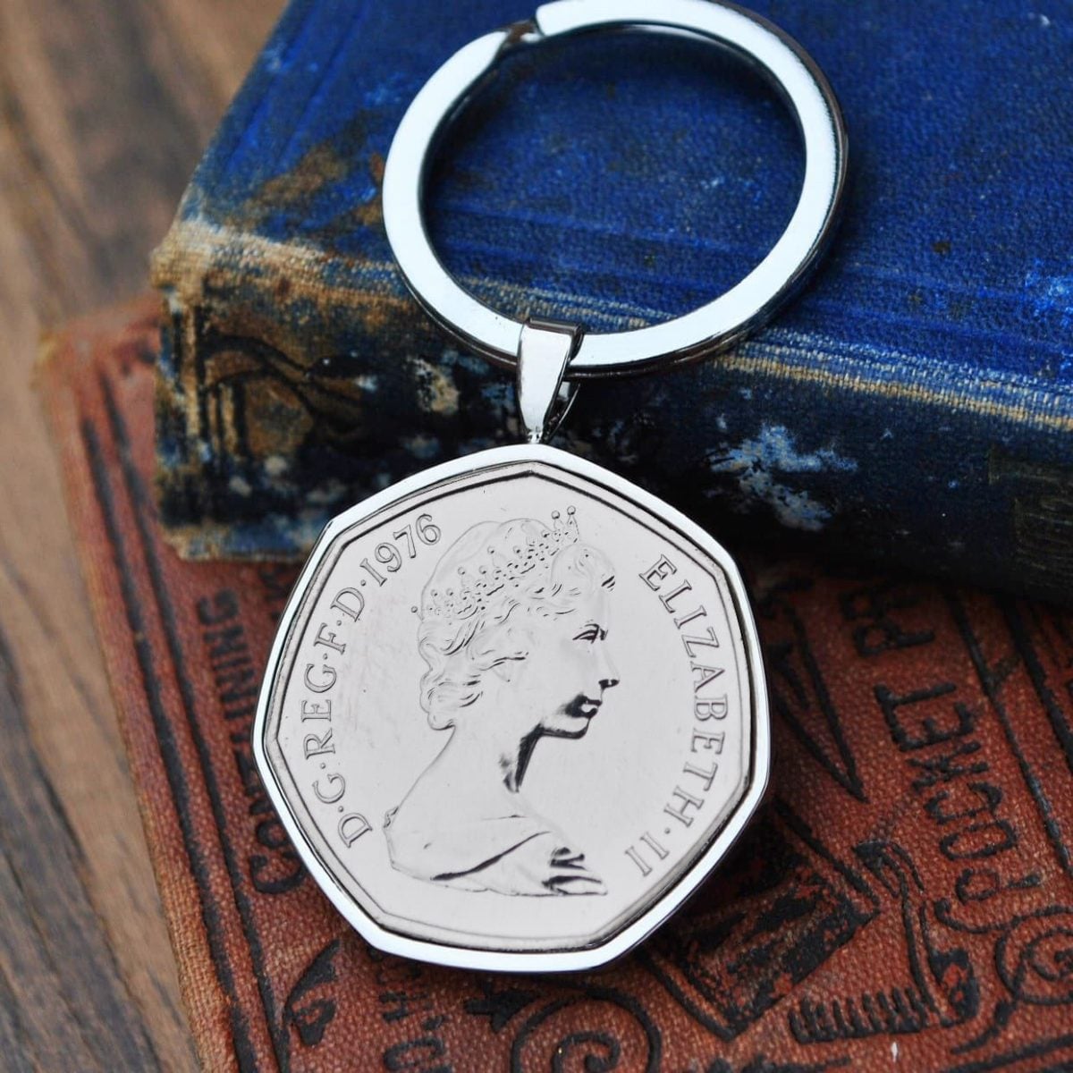1976 Fifty Pence Coin Keyring, 50th Birthday Gift- Silver