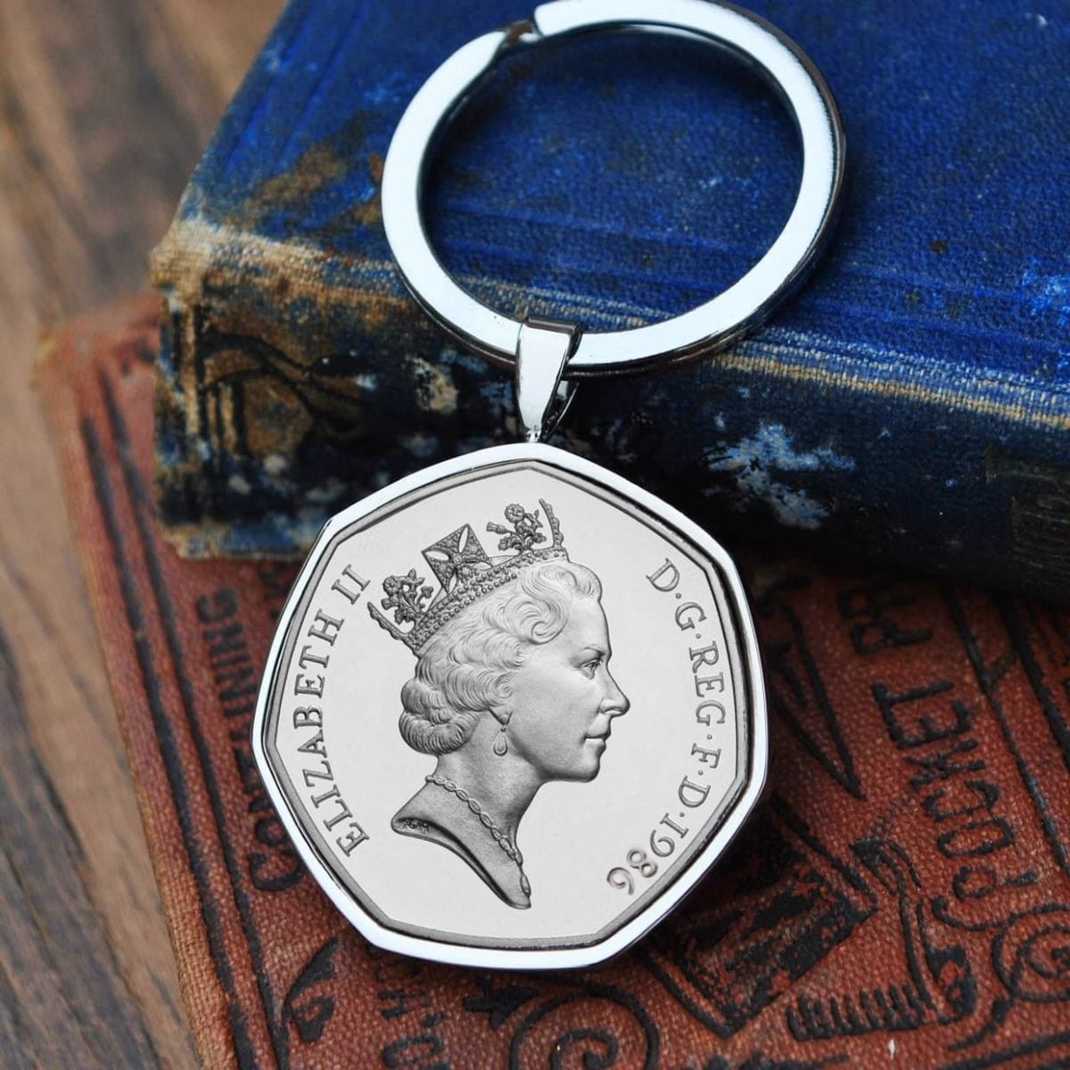 1986 Fifty Pence Coin Keyring, 40th Birthday Gift- Silver