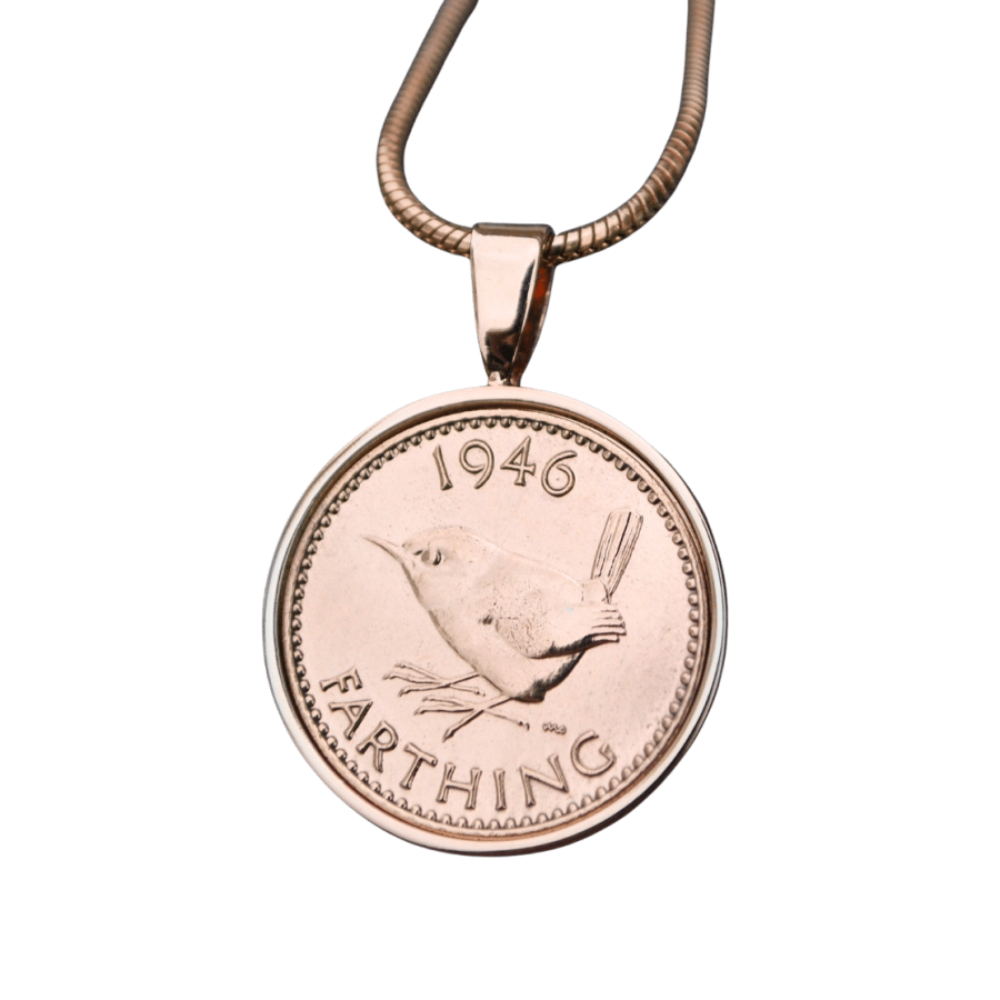 1946 Farthing Coin Necklace - Rose Gold Transparent