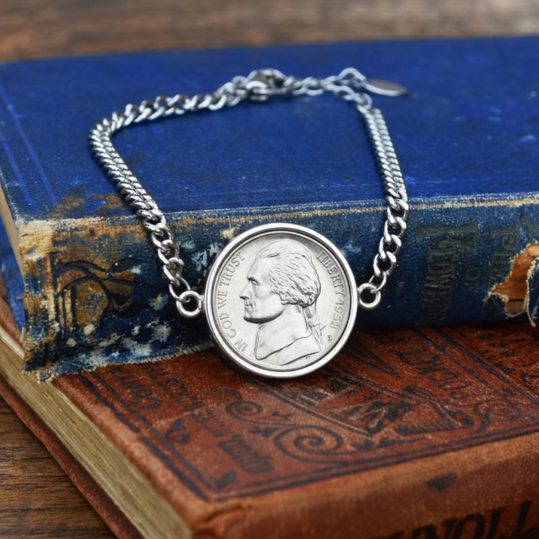 1958 US nickel in a silver-coloured bezel on a curb chain bracelet, resting on a worn blue cloth book