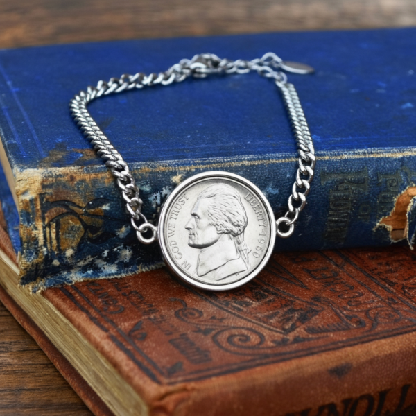 1960 US nickel in a silver-coloured bezel on a curb chain bracelet, resting on old blue and red cloth books