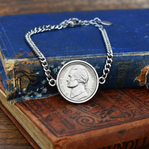1965 US nickel in a silver-coloured bezel on a curb chain bracelet, resting on old blue and red cloth books