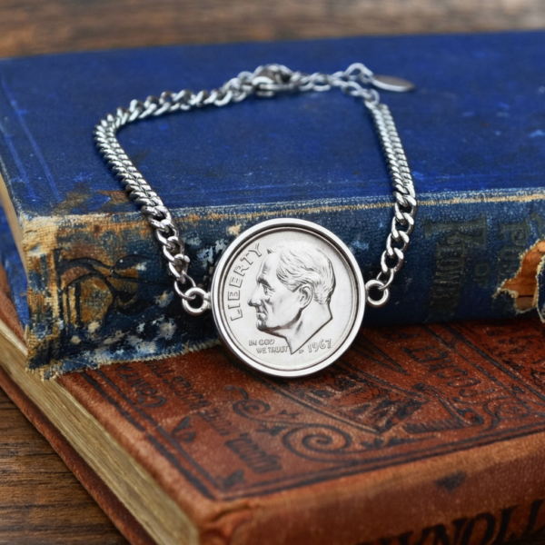 Silver-coloured coin bracelet holding a 1967 US dime, laid over a battered blue hardback on a wooden table