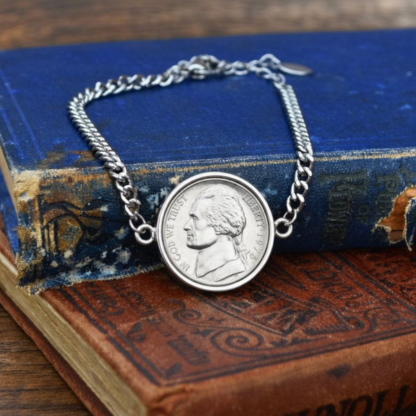 1975 US nickel set in a silver-coloured bezel on a curb chain bracelet, resting on worn blue and brown books