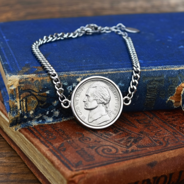 1983 US nickel set in a silver-coloured bezel on a curb chain bracelet, resting on worn blue and brown books