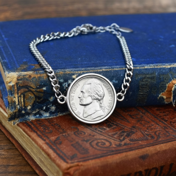 Curb chain bracelet with a 1991 US nickel in a silver-coloured surround, on a battered blue book cover