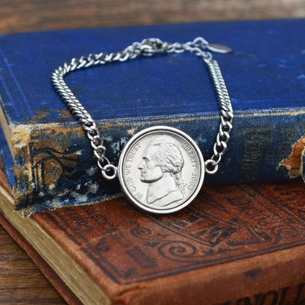 2003 US nickel set in a silver-coloured bezel on a silver curb chain bracelet, resting on old blue and brown books