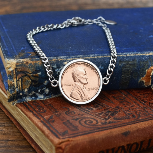 2010 US penny set in a silver-coloured bezel on a curb chain bracelet, resting on two worn hardback books
