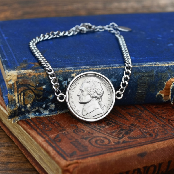 2011 US nickel with Jefferson portrait in a silver-coloured bezel on a curb chain bracelet, on old books