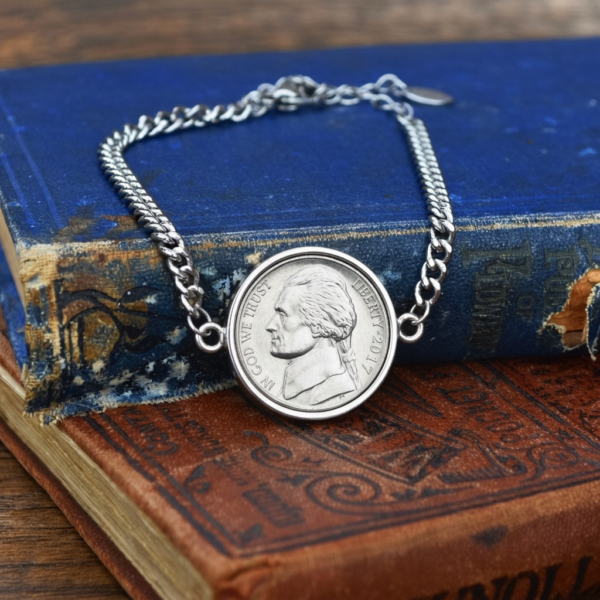 2017 US nickel in a silver-coloured bezel on a curb chain bracelet, resting on old blue and tan books