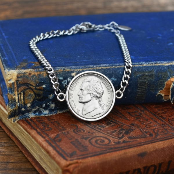 2019 US nickel in a silver-coloured bezel on a curb chain bracelet, resting on old blue and tan books