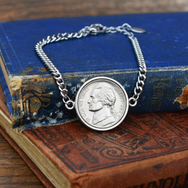 2021 US nickel in a silver-coloured bezel on a curb chain bracelet, resting on old blue and tan books