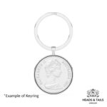 1977 Australian twenty cent coin with Elizabeth II portrait in a silver bezel on a split ring keyring