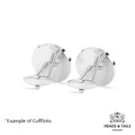 Backs of a pair of round silver cufflinks showing the swivel bar fittings, plain white background