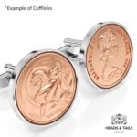 Close view of copper Australian 2c cufflinks in silver settings, frilled-neck lizard design in detail